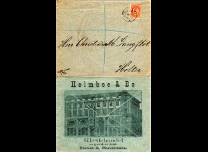 Norwegen 1909, 3 öre auf Firmenumschlag Holmboe & Bo m. rücks. gr. Abbildung