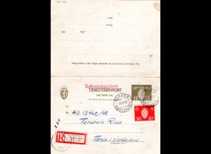 Norwegen 1952, 15 öre Dienst Doppelkarte per Einschreiben v. Bergen-Mohlenpris