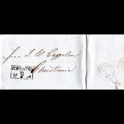 Dänemark 1848, K1 Kjobenhavn rs. u. vs. R3 Strömstad auf Porto Brief n. Norwegen