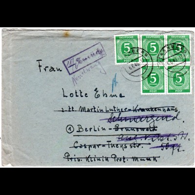 1946, 5x5 Pf. (dabei 4er-Block) auf Retour Brief v. Starnberg n. Berlin