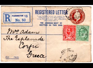 GB 1911, 1/2+1d auf Reko Ganzsachenumschlag v. Paddington n. Korfu Griechenland