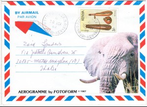 Kenya 1988, 3 Sh. auf Foto Aerogramm m. Elefant u. rs. Löwe 