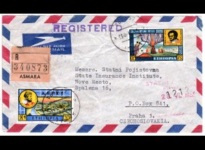 Äthiopien 1965, 20+75 C. auf Reko Luftpost Brief v. Asmara i.d. Tschechoslowakei