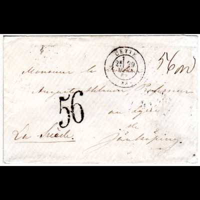 Frankreich 1869, Brief v. Cette m. Portostempel "56" (öre) n. Jönköping Schweden