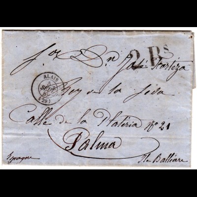 Frankreich 1859, Brief v. Alais m. Portostempel "2 Rs." nach Palma, Spanien