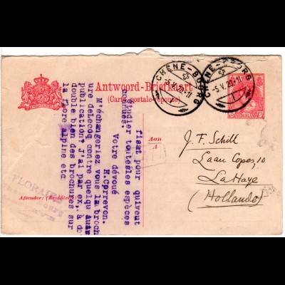 NL 1920, 5 C. Ganzsache Antwortteil zurückgebr. v. Chène-Bourg Schweiz