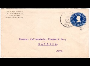 USA 1906, 5 C. Ganzsache Brief v. Lewes Delaware n. Java, NL Indien