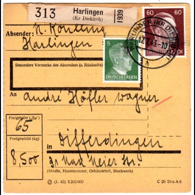 Luxemburg DR 1943, 5+60 Pf. auf Paketkarte v. Harlingen m. rs. Zustellgebühr-L2