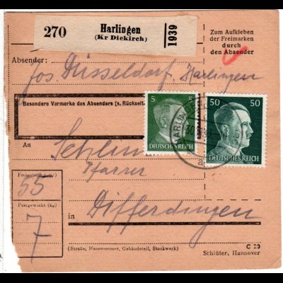 Luxemburg DR 1943, 5+50 Pf. auf Paketkarte v. Harlingen m. rs. Zustellgebühr-L2