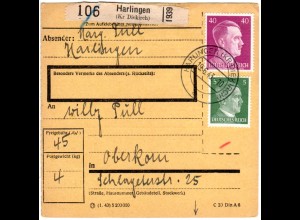 Luxemburg DR 1943, 5+40 Pf. auf Paketkarte v. Harlingen m. rs. Zustellgebühr-L2