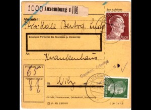 Luxemburg DR 1943, 5+60 Pf. auf Paketkarte m. rs. Wilz Zustellgebühr-L3