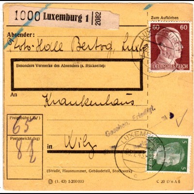 Luxemburg DR 1943, 5+60 Pf. auf Paketkarte m. rs. Wilz Zustellgebühr-L3