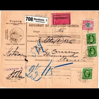 Schweden 1900, 1 Kr.+3x5 öre auf Nachnahme Paketkarte v. Stockholm
