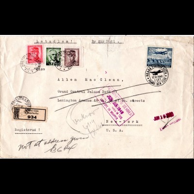 Tschechoslowakei 1946, 4 Marken auf Reko Erstflug Brief v. Krasna Lipa n. USA