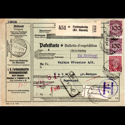 DR 1926, 60+2x100 Pf. auf Paketkarte v. Fechenheim via Hamburg n. Norwegen 