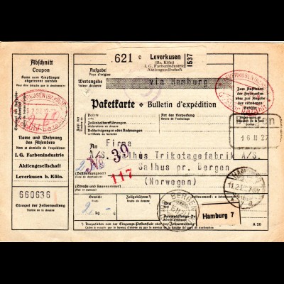 DR 1927, Paketkarte m. Gebühr bezahlt Ovalstempel v. Leverkusen n. Norwegen