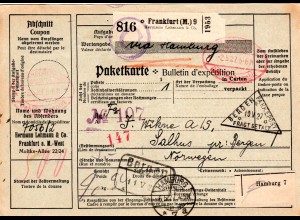 DR 1927, Paketkarte m. Gebühr bezahlt Ovalstempel v. Frankfurt (M) 9 n. Norwegen