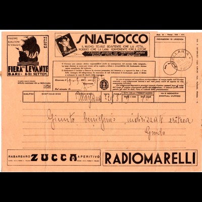 Italien 1935, Telegramm v. Bellaria m. viel Werbung, u.a. Benzin, Radio, Bank...