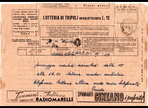 Italien 1936, Telegramm v. Bellaria m. viel Werbung, u.a. Käse, Radio, Cinzano..