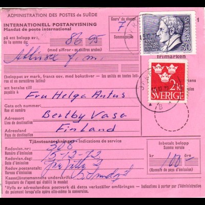 Schweden 1972, 2 Kr.+50 öre auf Internat. Postanweisung v. Järpälla n. Finnland