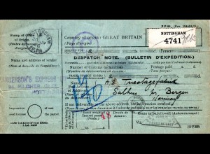 GB 1926, Despach Note parcelcard from Nottingham to Bergen, Norwegen 