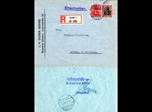 DR 1915, 10+30 Pf. Germania auf Einschreiben Brief m. Dresden Zensur n. Norwegen