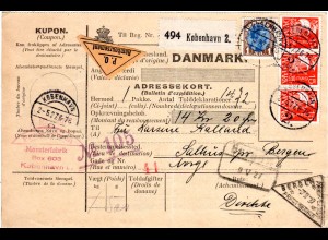 Dänemark 1927, 3x15 öre+1 Kr. auf Nachnahme Paketkarte v. Kopenhagen n. Norwegen