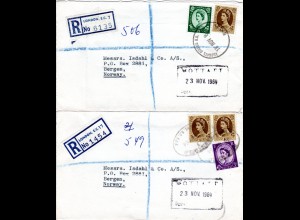 GB 1964, 2 Einschreiben Briefe m. versch. Frankaturen v. London n. Norwegen
