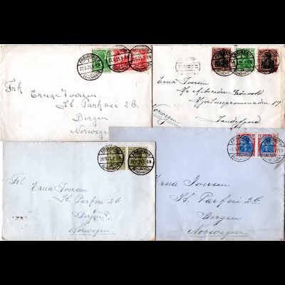 DR 1920/21, 4 Briefe m. Germania Marken v. Freiberg (Sachsen) n. Norwegen