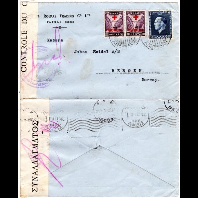 Griechenland 1937, 3 Marken auf Zensur Brief v. Patras n. Norwegen.