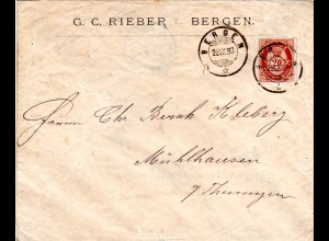 Norwegen 1883, 20 öre braun auf sauberem Firmen Brief v. Bergen n. Deutschland