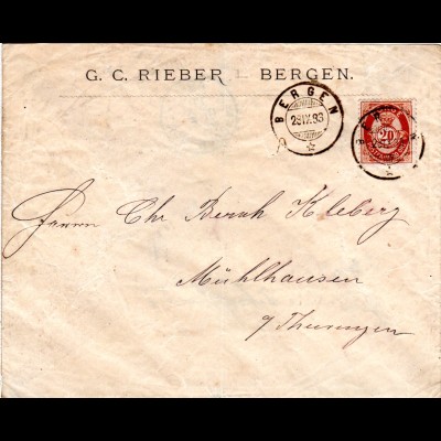 Norwegen 1883, 20 öre braun auf sauberem Firmen Brief v. Bergen n. Deutschland