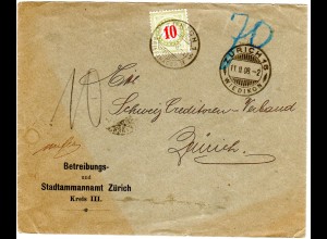 Schweiz 1908, unfrankierter Amtsbrief v. Zürich m. 10 C. Nachportomarke