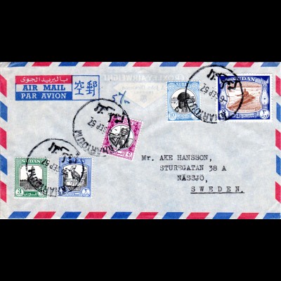 Sudan 1957, 5 Marken auf sauberem Luftpost Brief v. Khartoum n. Schweden
