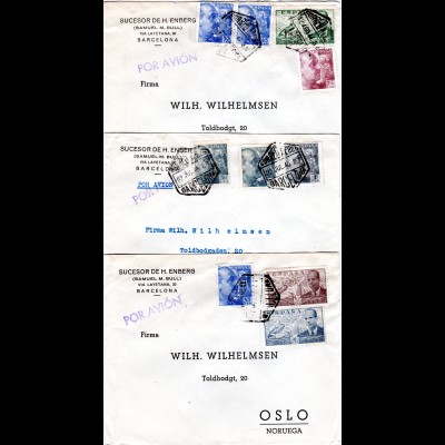 Spanien 1946/47, 3 Luftpost Briefe v. Barcelona n. Oslo m. versch. Frankaturen 