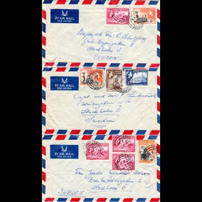Gold Coast 1954/55, 3 Luftpost Briefe v. Hohoe n. Schweden m. versch Frankaturen