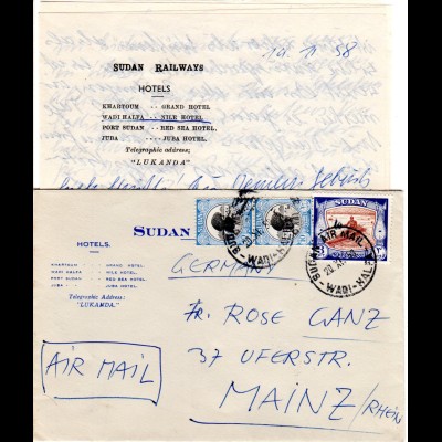 Sudan 1958, 3 Marken auf Luftpost Hotel Brief v. Wadi-Halfa n. Deutschland