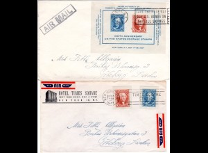 USA 1948, Block u. beide Marken aus Block auf 2 Luftpostbriefen v. NY n Schweden
