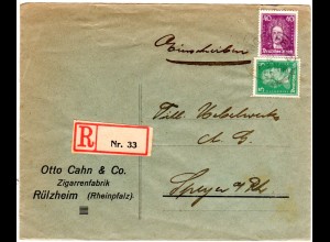 DR 1926, 5+40 Pf. auf Firmen R-Brief v. Rülzheim n. Speyer m. Stpl. Ingenheim