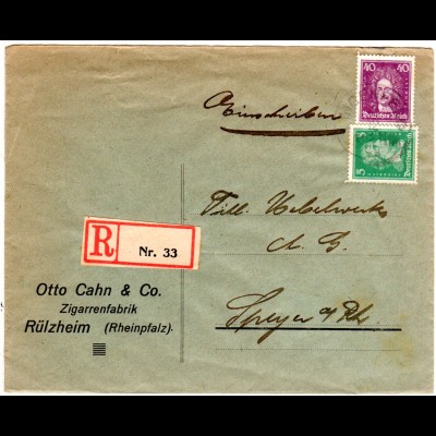 DR 1926, 5+40 Pf. auf Firmen R-Brief v. Rülzheim n. Speyer m. Stpl. Ingenheim