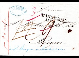 Baden 1852, L2 Mannheim auf Brief n. Norwegen, fehlgeleitet n. Bergen T & Taxis