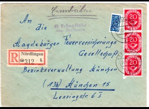 BRD 1951, Landpost Stpl. 13b SCHOPFLOHE über Nördlingen auf R-Brief m. 3x20 Pf.