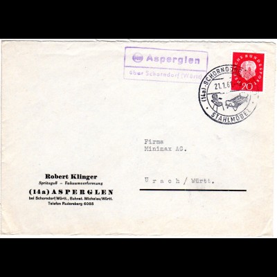 BRD 1961, Landpost Stpl. 14a ASPERGLEN über Schorndorf auf Firmen Brief m. 20 Pf