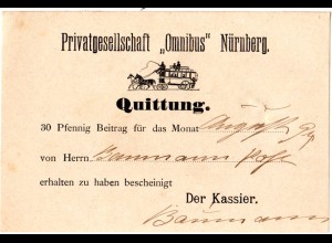 Bayern 1894, Privatgesellschaft "Omnibus" Nürnberg, Quittung m. Abb. Postkutsche