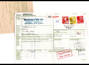 Dänemark 1989, 3 Marken auf Paketkarte m. Zolldeklaration v Randers n. Norwegen 