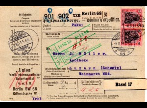 DR 1912, MeF 2x80 Pf. Germania m. WZ auf Paketkarte v Berlin i.d. Schweiz