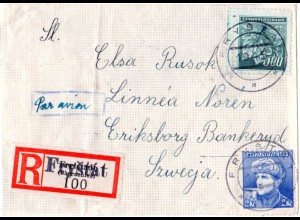Tschechoslowakei 1945, Einschreiben Luftpost Brief m. überstempelem Dt. R-Zettel