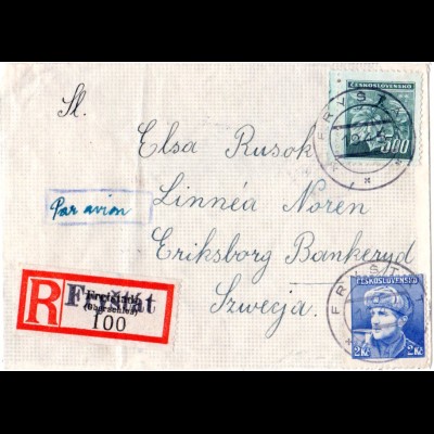 Tschechoslowakei 1945, Einschreiben Luftpost Brief m. überstempelem Dt. R-Zettel