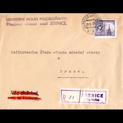 Tschechoslowakei 1947, 7,40 K. auf Einschreiben Brief m. Jesenice Not-R-Zettel