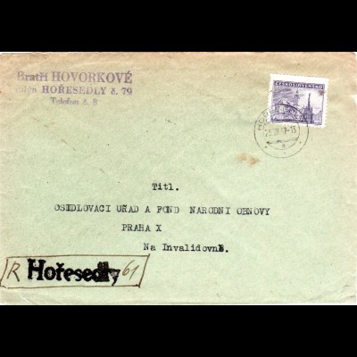 Tschechoslowakei 1947, 7,40 K. auf Einschreiben Brief m. Horesedly Not-R-Stempel